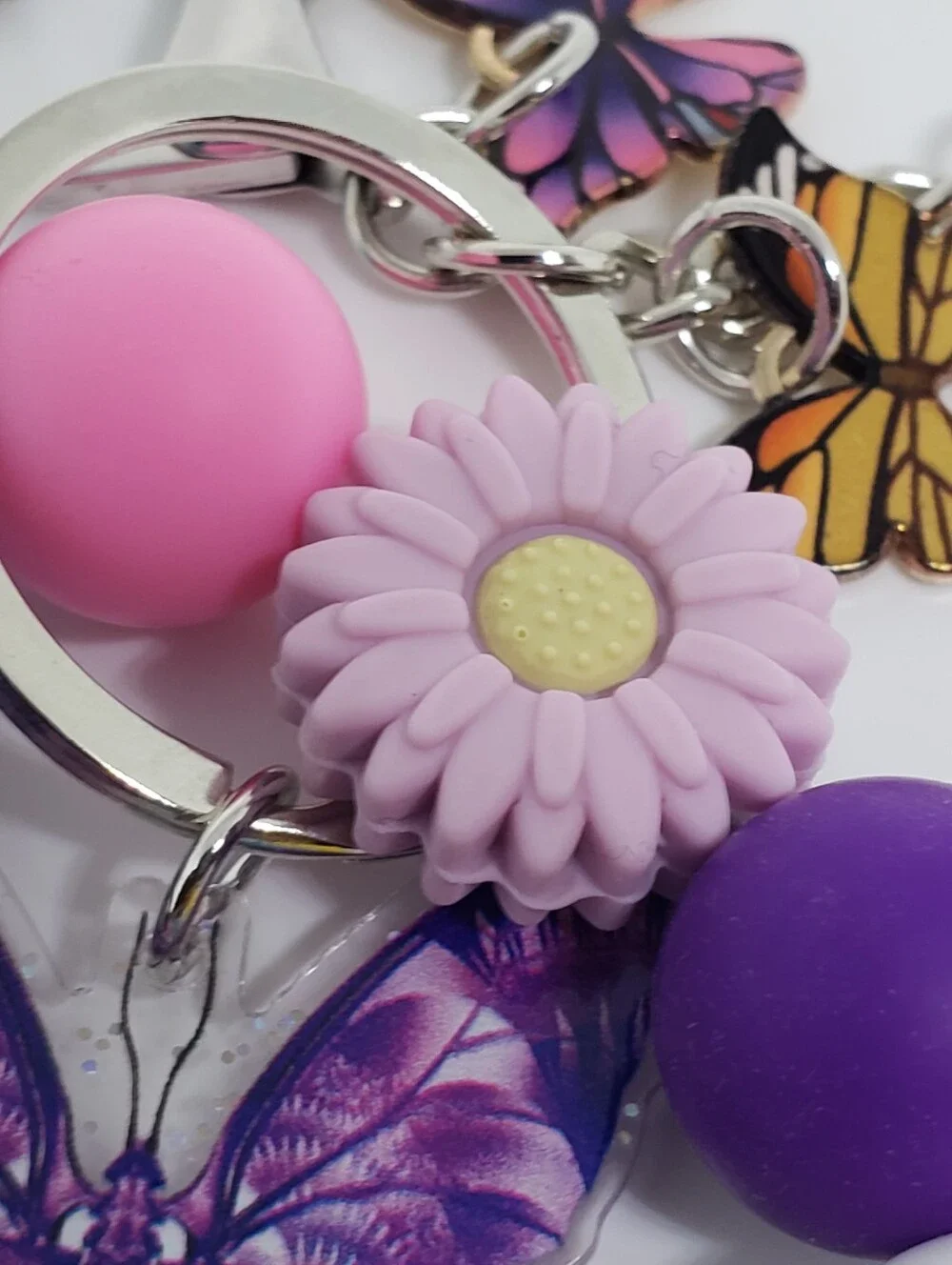 Handmade SiIicone Focal Beaded Pink Purple Flower Butterfly Wristlet Keychain